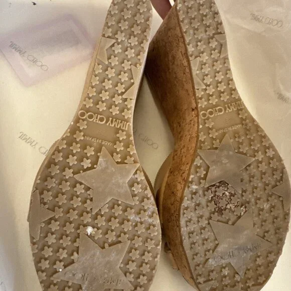 Jimmy Choo Nude Patent Leather Prima Cork Wedge Platform Sandals - Picture 5 of 6